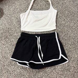 Black Casual Drawstring Women’s Shorts with White Trim and halter top